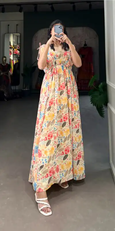 YNF 5015 Mustard Color Georgette Floral printed Gown Casual, Wedding, Festive, Events, Designer Party Wear, Delivery 4-6 Working Days @1649 | Gowns, Bollywood Gowns, Creative Gowns, Designer Gowns, Embroidered Gowns, Party Wear Gowns