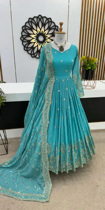 ZF 359 Blue Color Georgette Embroidery Sequence Work Gown Casual, Wedding, Party, Festive, Events Etc. Expected Delivery 4-6 Working Days @1999/- | Gowns, Bollywood Gowns, Creative Gowns, Designer Gowns, Embroidered Gowns, Party Wear Gowns