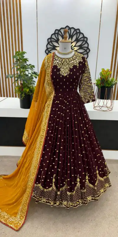 ZSR 3060 Maroon Color Georgette Embroidery Sequence Work Gown Casual, Wedding, Party, Festive, Events Etc. Expected Delivery 4-6 Working Days @1999/- | Gowns, Bollywood Gowns, Creative Gowns, Designer Gowns, Embroidered Gowns, Party Wear Gowns