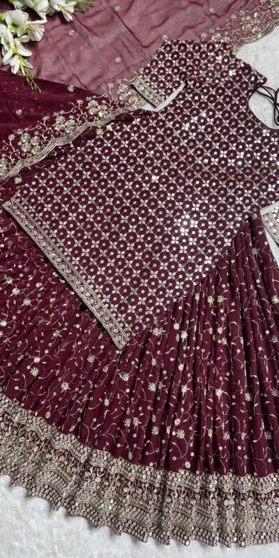 MF 418 Maroon Color Sequence Multi Needle Work Lehenga Choli Wedding, Party, Festive, Events Etc. Expected 4-6 Working Days @2199/- | Salwar suit, Designer Suits, Casual Suits, Creative suits, Palazzo Suits, Party Wear Suits, Patiala Suits, Straight Suits