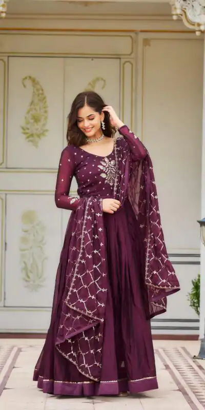 Ram 022 Purple Color Rangoli Sequence Embroidery Gown Casual, Wedding, Festive, Events Expected Delivery 4-6 Working Days @2099/- | Gowns, Bollywood Gowns, Creative Gowns, Designer Gowns, Embroidered Gowns, Party Wear Gowns