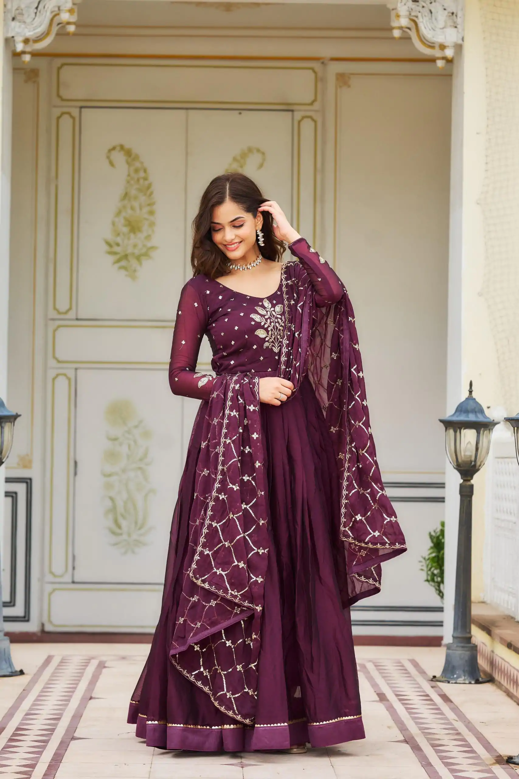 Ram 022 Purple Color Rangoli Sequence Embroidery Gown Casual, Wedding, Festive, Events Expected Delivery 4-6 Working Days @2099/- | Gowns, Bollywood Gowns, Creative Gowns, Designer Gowns, Embroidered Gowns, Party Wear Gowns