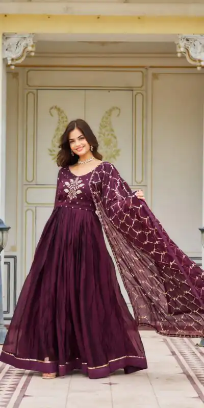 Ram 022 Purple Color Rangoli Sequence Embroidery Gown Casual, Wedding, Festive, Events Expected Delivery 4-6 Working Days @2099/- | Gowns, Bollywood Gowns, Creative Gowns, Designer Gowns, Embroidered Gowns, Party Wear Gowns