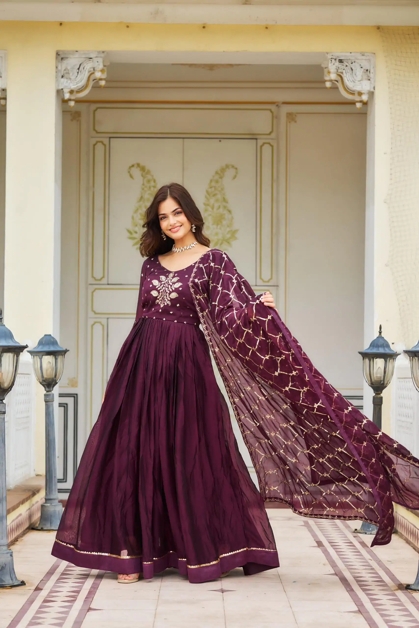 Ram 022 Purple Color Rangoli Sequence Embroidery Gown Casual, Wedding, Festive, Events Expected Delivery 4-6 Working Days @2099/- | Gowns, Bollywood Gowns, Creative Gowns, Designer Gowns, Embroidered Gowns, Party Wear Gowns
