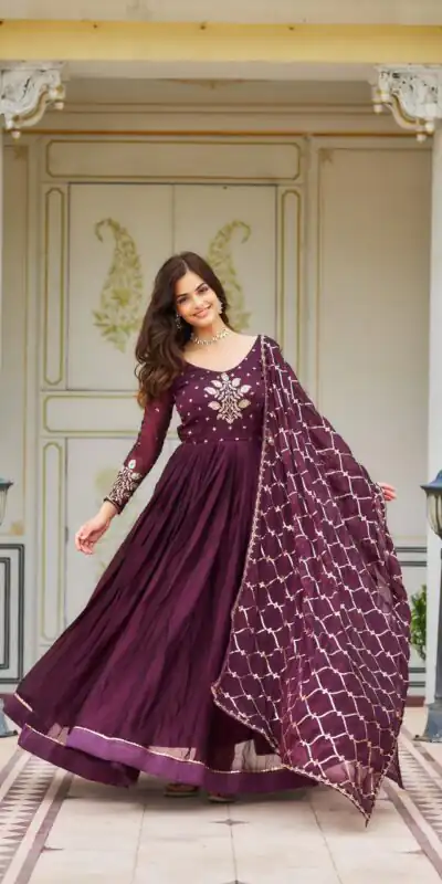 Ram 022 Purple Color Rangoli Sequence Embroidery Gown Casual, Wedding, Festive, Events Expected Delivery 4-6 Working Days @2099/- | Gowns, Bollywood Gowns, Creative Gowns, Designer Gowns, Embroidered Gowns, Party Wear Gowns