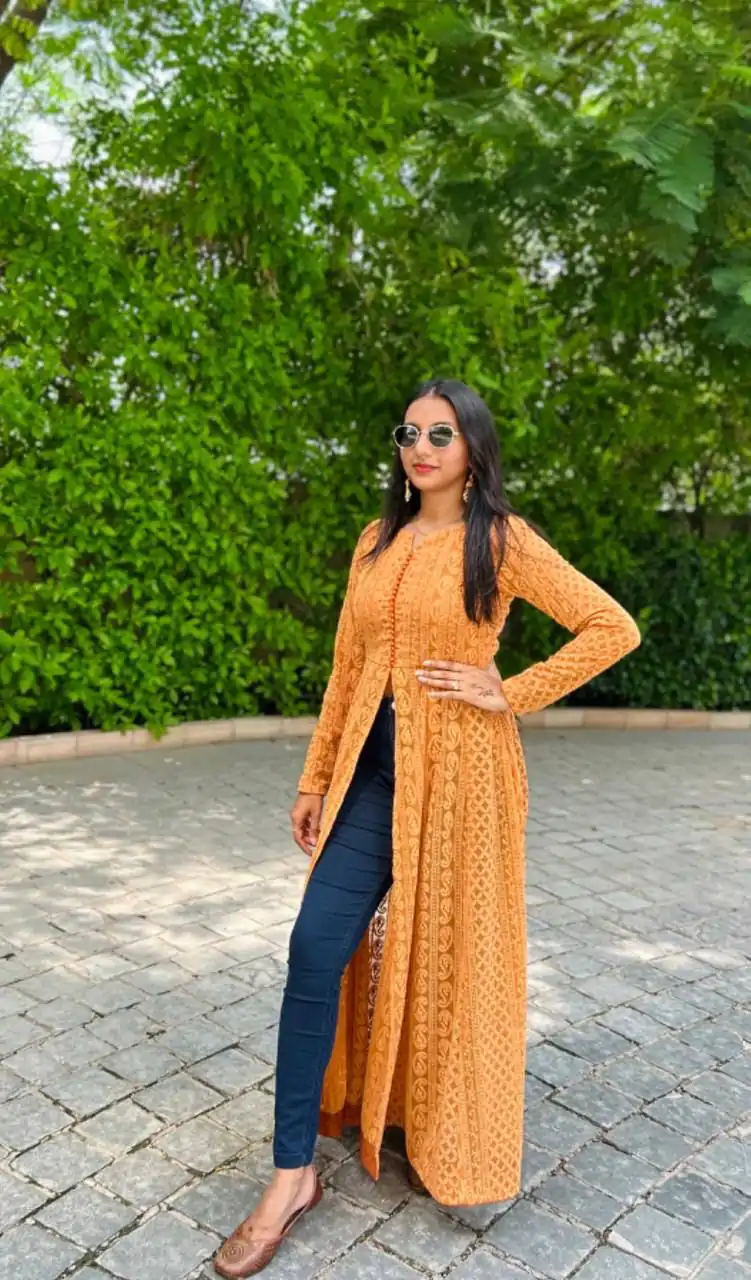 RTC 5611 Mustard Color Foux Georgette Chikankari Petal Button Kurti Casual, Wedding, Party, Festive, Events. Expected Delivery 4-6 Working Days @1949/- | Kurti, Bollywood Kurti, Creative Kurtis, Designer Kurti, Party Wear Kurti, Selfie Kurti