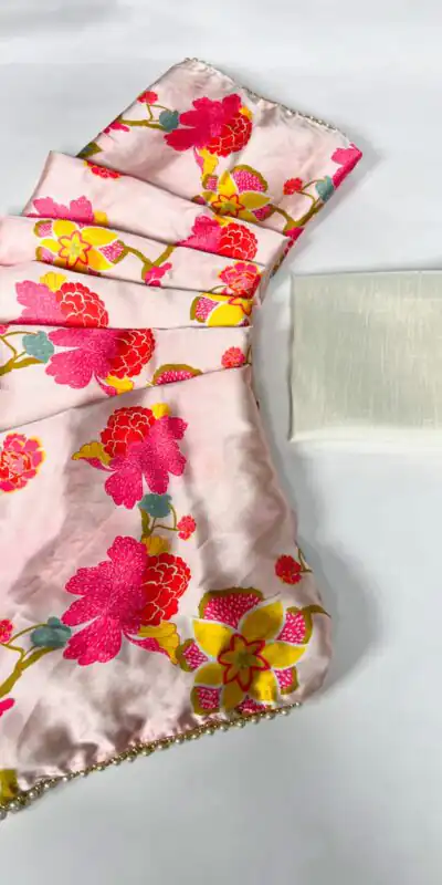 YNF 7028 Peach Color Satin Silk Floral Printed Lace Border Work Saree Casual Party Wear, Wedding, Events Etc. Expected Delivery 4-6 Working Days @1599/- | Sarees, Bollywood Sarees, Creative Sarees, Designer Sarees, Embroidered Sarees, Ethnic Saree, Modern Digital sarees, Party Wear Sarees