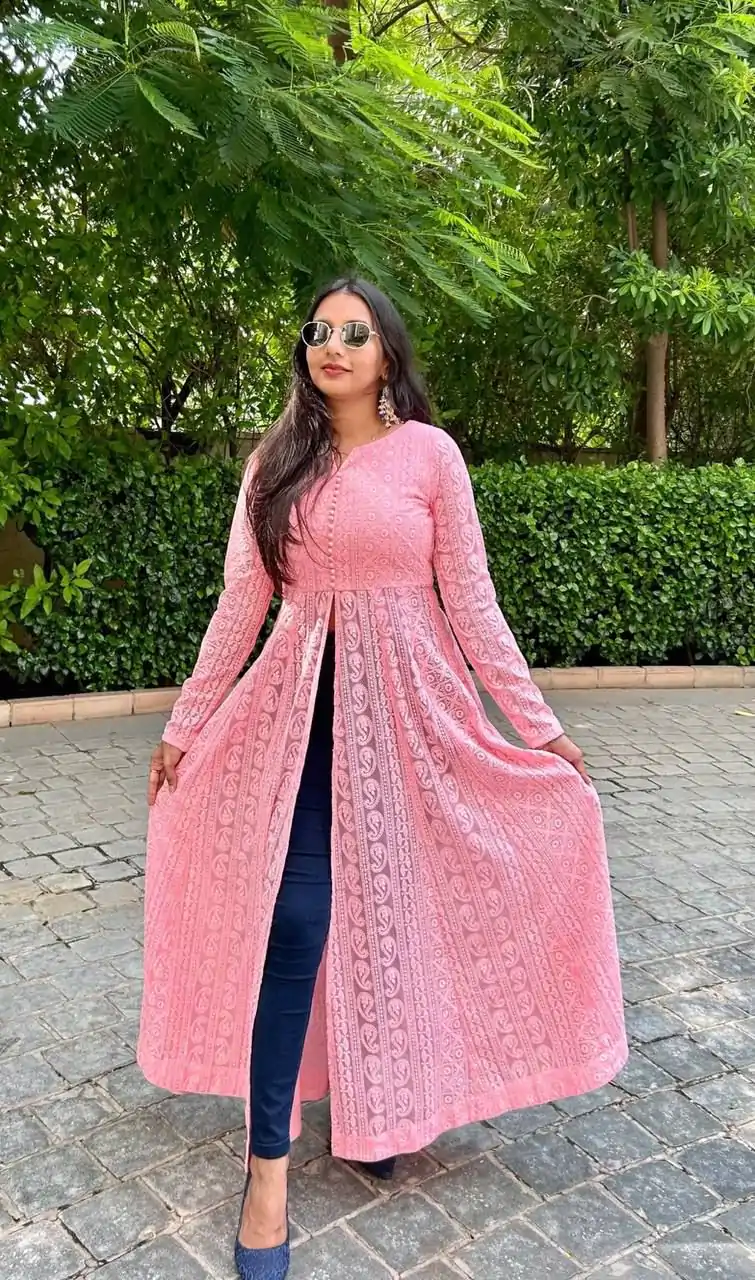 RTC 5611 Pink Color Foux Georgette Chikankari Petal Button Kurti Casual, Wedding, Party, Festive, Events. Expected Delivery 4-6 Working Days @1949/- | Kurti, Bollywood Kurti, Creative Kurtis, Designer Kurti, Party Wear Kurti, Selfie Kurti