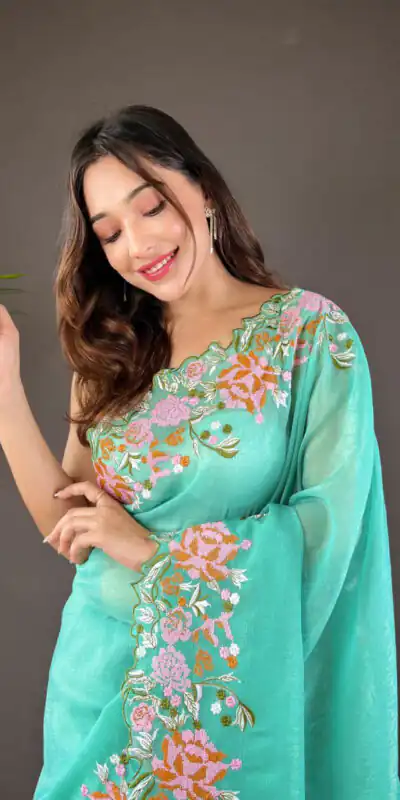 BT 3117 Firozi Color Soft Glossy Silk Embroidery Saree Casual, Party Wear, Traditional Wear, Wedding Wear, Events Etc.@1999/- | Sarees, Bollywood Sarees, Creative Sarees, Designer Sarees, Ethnic Saree, Modern Digital sarees, Party Wear Sarees