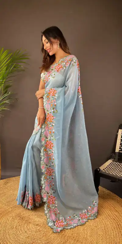 BT 3117 Light Blue Color Soft Glossy Silk Embroidery Saree Casual, Party Wear, Traditional Wear, Wedding Wear, Events Etc.@1999/- | Sarees, Bollywood Sarees, Creative Sarees, Designer Sarees, Ethnic Saree, Modern Digital sarees, Party Wear Sarees