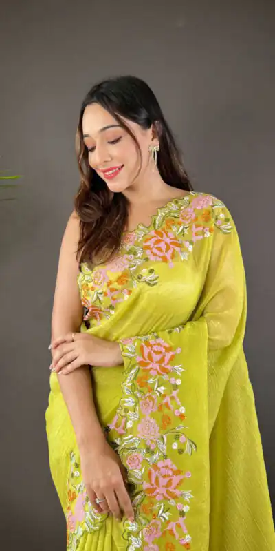 BT 3117 Parrot Green Color Soft Glossy Silk Embroidery Saree Casual, Party Wear, Traditional Wear, Wedding Wear, Events Etc.@1999/- | Sarees, Bollywood Sarees, Creative Sarees, Designer Sarees, Ethnic Saree, Modern Digital sarees, Party Wear Sarees