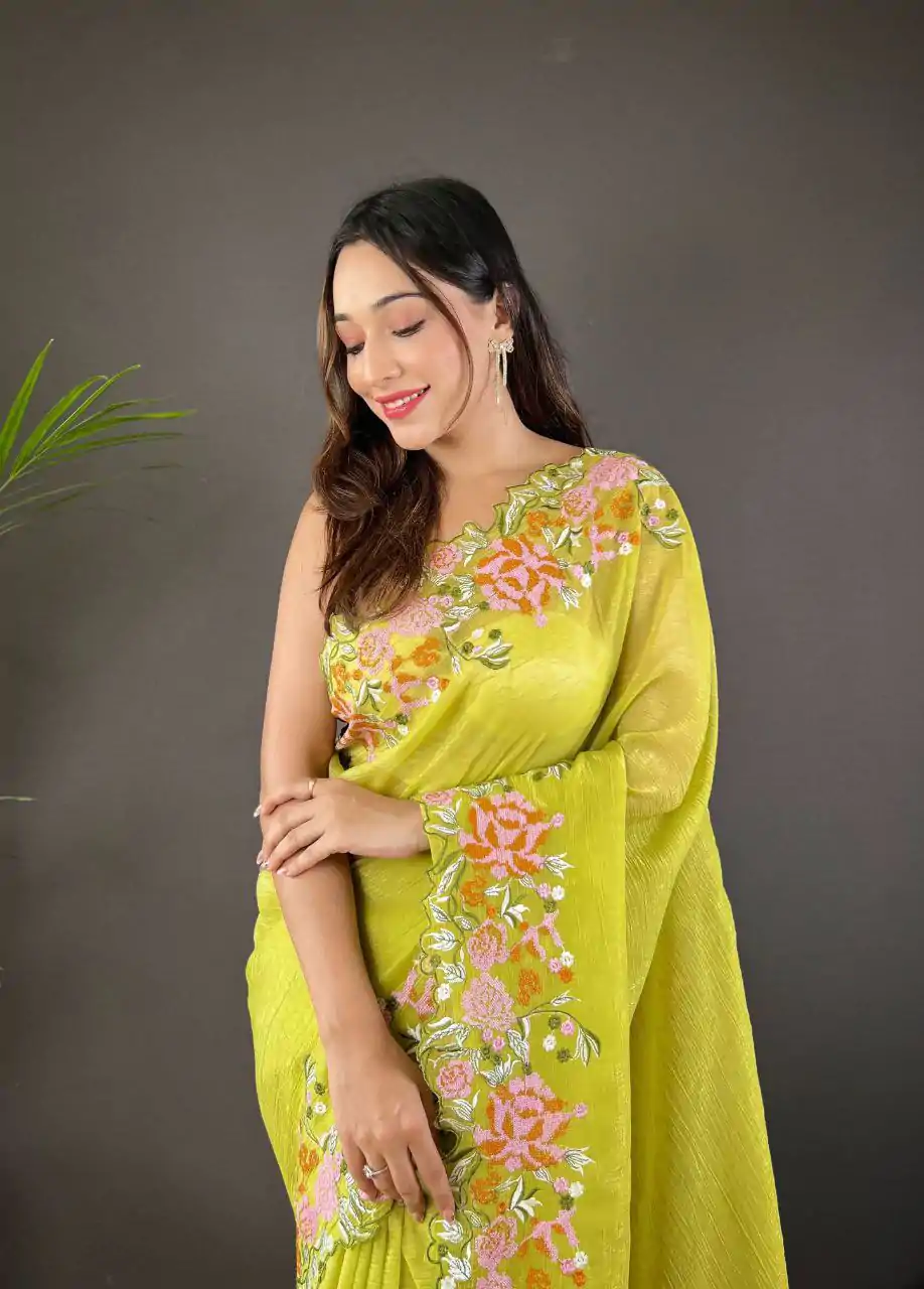 BT 3117 Parrot Green Color Soft Glossy Silk Embroidery Saree Casual, Party Wear, Traditional Wear, Wedding Wear, Events Etc.@1999/- | Sarees, Bollywood Sarees, Creative Sarees, Designer Sarees, Ethnic Saree, Modern Digital sarees, Party Wear Sarees