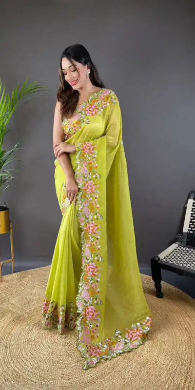 BT 3117 Parrot Green Color Soft Glossy Silk Embroidery Saree Casual, Party Wear, Traditional Wear, Wedding Wear, Events Etc.@1999/- | Sarees, Bollywood Sarees, Creative Sarees, Designer Sarees, Ethnic Saree, Modern Digital sarees, Party Wear Sarees