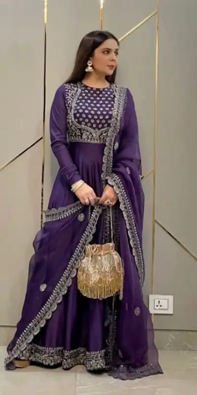 SRK 5057 Violate Color Georgette Sequence Embroidery Gown Casual, Wedding, Party, Festive, Events Etc. Expected Delivery 4-6 Working Days @1899/- | Gowns, Bollywood Gowns, Creative Gowns, Designer Gowns, Embroidered Gowns, Party Wear Gowns