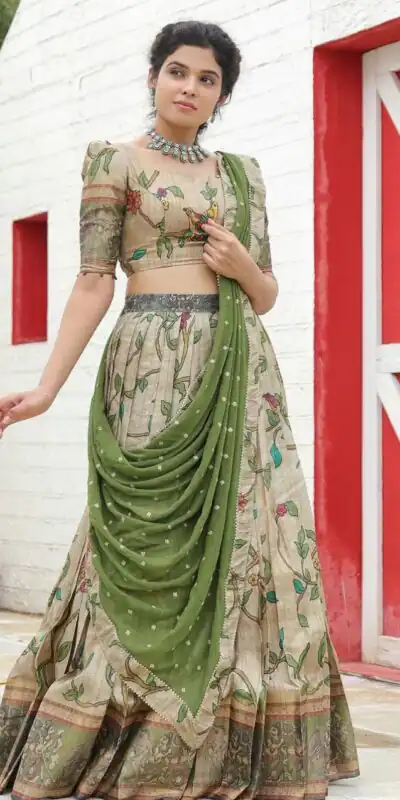 PC 337 Chiku Color Malhari Silk Kalamkari Printed Lehenga Choli Casual, Party Wear, Events, Festivals Wear Expected Delivery 4-6 Working Days @2099/- | Lehenga, Bollywood Lehenga, Creative Lehenga, Designer Lehenga, Embroidered Lehenga, Party Wear Lehenga