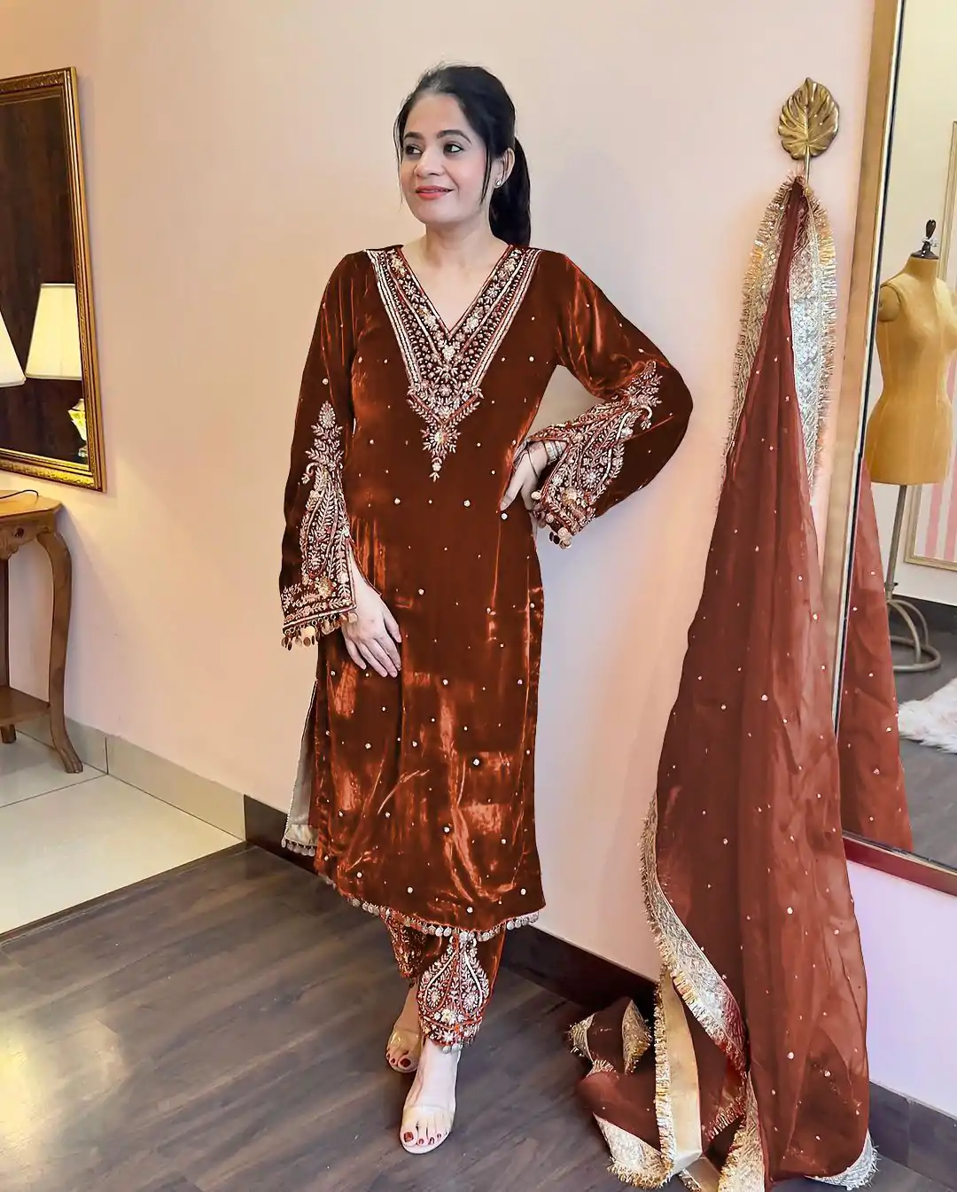 AD 134 Brown Color Heavy Pure Viscose Velvet Embroidery Sharara Suit Wedding, Party, Festive, Events Etc. Expected Delivery  4-6 Working Days @2099/- | Jump Suits, Salwar suit, Designer Suits, Casual Suits, Creative suits, Palazzo Suits, Party Wear Suits, Patiala Suits, Straight Suits