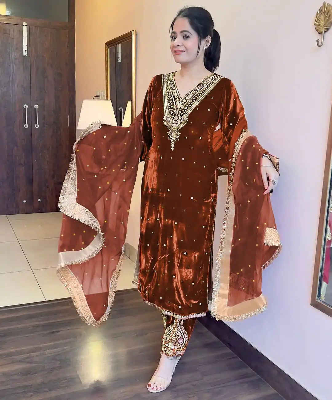 AD 134 Brown Color Heavy Pure Viscose Velvet Embroidery Sharara Suit Wedding, Party, Festive, Events Etc. Expected Delivery  4-6 Working Days @2099/- | Jump Suits, Salwar suit, Designer Suits, Casual Suits, Creative suits, Palazzo Suits, Party Wear Suits, Patiala Suits, Straight Suits