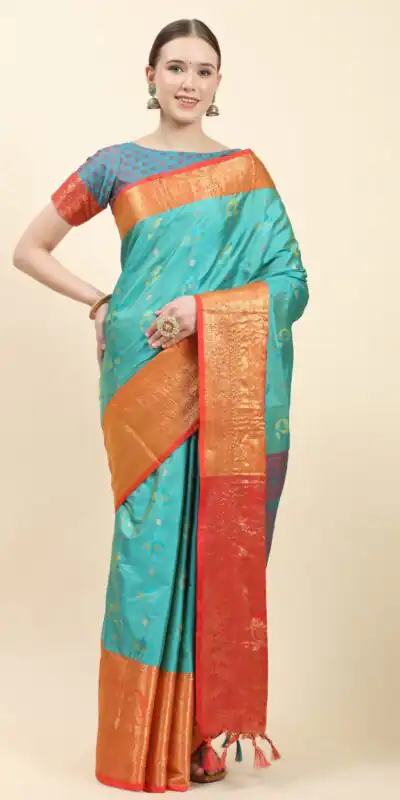 MB™️3251 Firozi Color Soft Kanjivaram Pattu Self Jacquard Saree Casual, Wedding, Party, Festival, Events, Expected Delivery 4-6 Working Days @1699/- | Sarees, Bollywood Sarees, Creative Sarees, Designer Sarees, Embroidered Sarees, Ethnic Saree, Modern Digital sarees, Party Wear Sarees