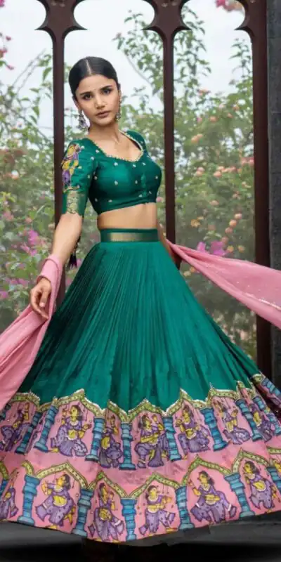PC 418 Green Color Pure Chinon Kalamkari Printed Lehenga Choli Casual, Party Wear, Events, Festivals Wear Etc. Expected Delivery 4-6 Working Days @2129/- | Lehenga, Bollywood Lehenga, Creative Lehenga, Designer Lehenga, Embroidered Lehenga, Party Wear Lehenga