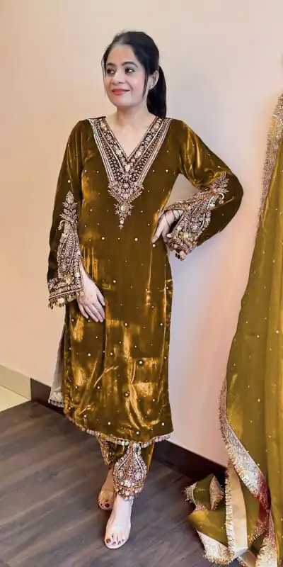 AD 134 Mustard Color Heavy Pure Viscose Velvet Embroidery Sharara Suit Wedding, Party, Festive, Events Etc. Expected Delivery  4-6 Working Days @2099/- | Jump Suits, Salwar suit, Designer Suits, Casual Suits, Creative suits, Palazzo Suits, Party Wear Suits, Patiala Suits, Straight Suits