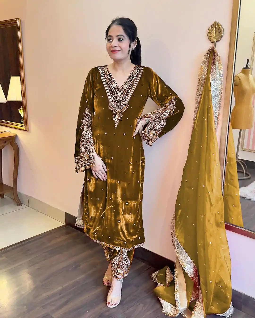 AD 134 Mustard Color Heavy Pure Viscose Velvet Embroidery Sharara Suit Wedding, Party, Festive, Events Etc. Expected Delivery  4-6 Working Days @2099/- | Jump Suits, Salwar suit, Designer Suits, Casual Suits, Creative suits, Palazzo Suits, Party Wear Suits, Patiala Suits, Straight Suits