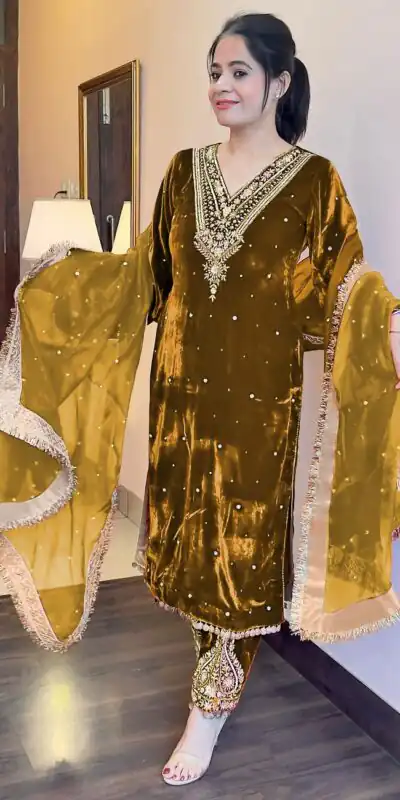 AD 134 Mustard Color Heavy Pure Viscose Velvet Embroidery Sharara Suit Wedding, Party, Festive, Events Etc. Expected Delivery 4-6 Working Days @2099/- | Jump Suits, Salwar suit, Designer Suits, Casual Suits, Creative suits, Palazzo Suits, Party Wear Suits, Patiala Suits, Straight Suits