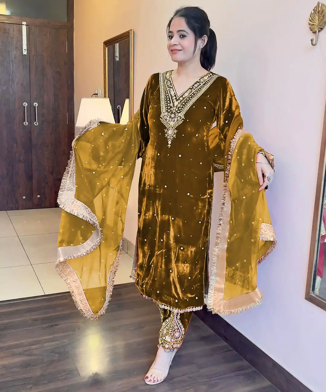 AD 134 Mustard Color Heavy Pure Viscose Velvet Embroidery Sharara Suit Wedding, Party, Festive, Events Etc. Expected Delivery  4-6 Working Days @2099/- | Jump Suits, Salwar suit, Designer Suits, Casual Suits, Creative suits, Palazzo Suits, Party Wear Suits, Patiala Suits, Straight Suits