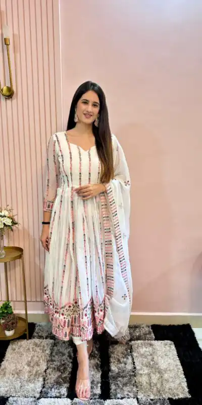 MF 436 White Color Georgette Embroidery Multi Needle Work Gown Casual, Party, Wedding, Festive, Events Etc. Expected Delivery 4-6 Working Days @2449/- Only | Gowns, Bollywood Gowns, Creative Gowns, Designer Gowns, Embroidered Gowns, Party Wear Gowns