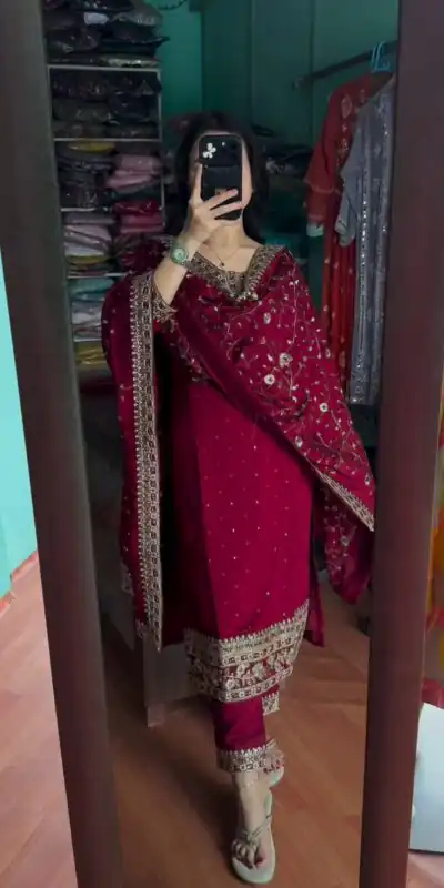 SRK 5174 Maroon Color Chinnon Coding Coding Salwar Suit Casual, Wedding, Party, Festive, Events Etc. Expected Delivery 4-6 Working Days @1999/- | Jump Suits, Salwar suit, Designer Suits, Casual Suits, Creative suits, Palazzo Suits, Party Wear Suits, Patiala Suits, Straight Suits