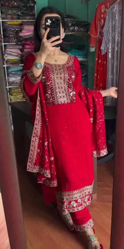 SRK 5174 Red Color Chinnon Coding Coding Salwar Suit Casual, Wedding, Party, Festive, Events Etc. Expected Delivery 4-6 Working Days @1999/- | Jump Suits, Salwar suit, Designer Suits, Casual Suits, Creative suits, Palazzo Suits, Party Wear Suits, Patiala Suits, Straight Suits