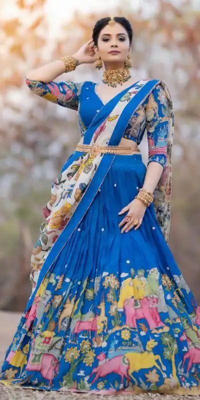 PC 357 Blue  Color Chant Crepe Kalamkari Printed Lehenga Choli Casual, Party Wear, Events, Festivals Wear Expected Delivery 4-6 Working Days @2099/- | Lehenga, Bollywood Lehenga, Creative Lehenga, Designer Lehenga, Embroidered Lehenga, Party Wear Lehenga