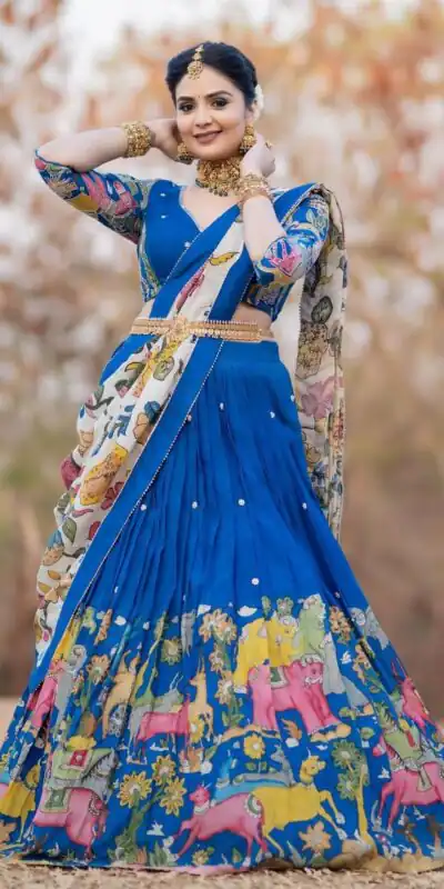 PC 357 Blue  Color Chant Crepe Kalamkari Printed Lehenga Choli Casual, Party Wear, Events, Festivals Wear Expected Delivery 4-6 Working Days @2099/- | Lehenga, Bollywood Lehenga, Creative Lehenga, Designer Lehenga, Embroidered Lehenga, Party Wear Lehenga