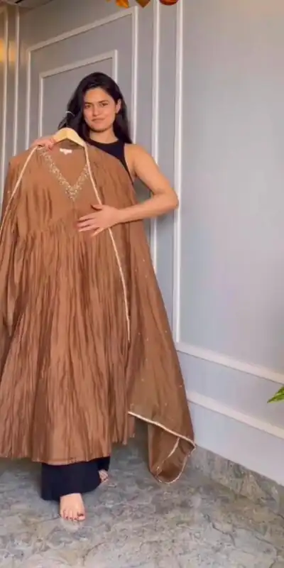 AD 152 Brown Color Pure Chinon Silk Embroidery Sharara Suit Fancy Full Sleeve Wedding, Party, Festive, Events Etc. Expected Delivery 4-6 Working Days @1799/ | Jump Suits, Salwar suit, Designer Suits, Casual Suits, Creative suits, Palazzo Suits, Party Wear Suits, Patiala Suits, Straight Suits