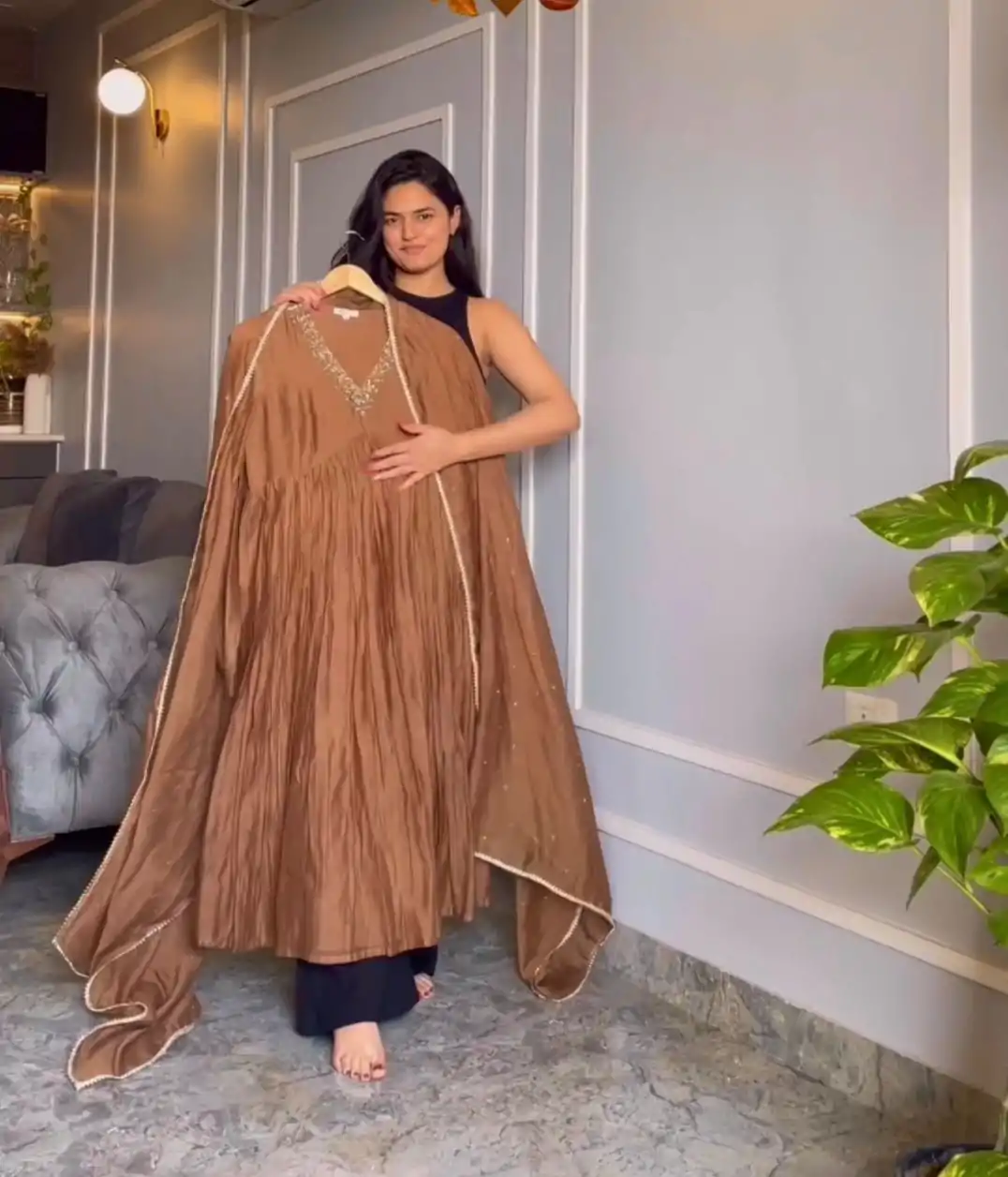AD 152 Brown  Color Pure Chinon Silk Embroidery Sharara Suit Fancy Full Sleeve Wedding, Party, Festive, Events Etc. Expected Delivery  4-6 Working Days @1799/ | Jump Suits, Salwar suit, Designer Suits, Casual Suits, Creative suits, Palazzo Suits, Party Wear Suits, Patiala Suits, Straight Suits