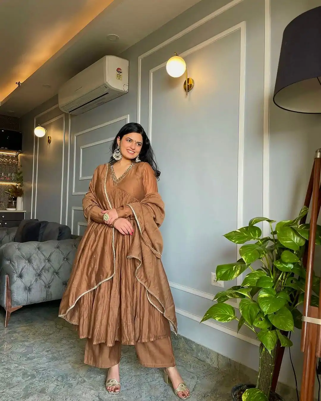 AD 152 Brown  Color Pure Chinon Silk Embroidery Sharara Suit Fancy Full Sleeve Wedding, Party, Festive, Events Etc. Expected Delivery  4-6 Working Days @1799/ | Jump Suits, Salwar suit, Designer Suits, Casual Suits, Creative suits, Palazzo Suits, Party Wear Suits, Patiala Suits, Straight Suits