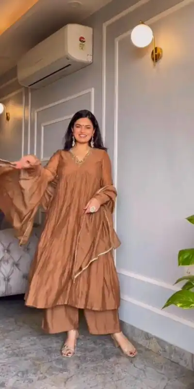 AD 152 Brown Color Pure Chinon Silk Embroidery Sharara Suit Fancy Full Sleeve Wedding, Party, Festive, Events Etc. Expected Delivery 4-6 Working Days @1799/ | Jump Suits, Salwar suit, Designer Suits, Casual Suits, Creative suits, Palazzo Suits, Party Wear Suits, Patiala Suits, Straight Suits