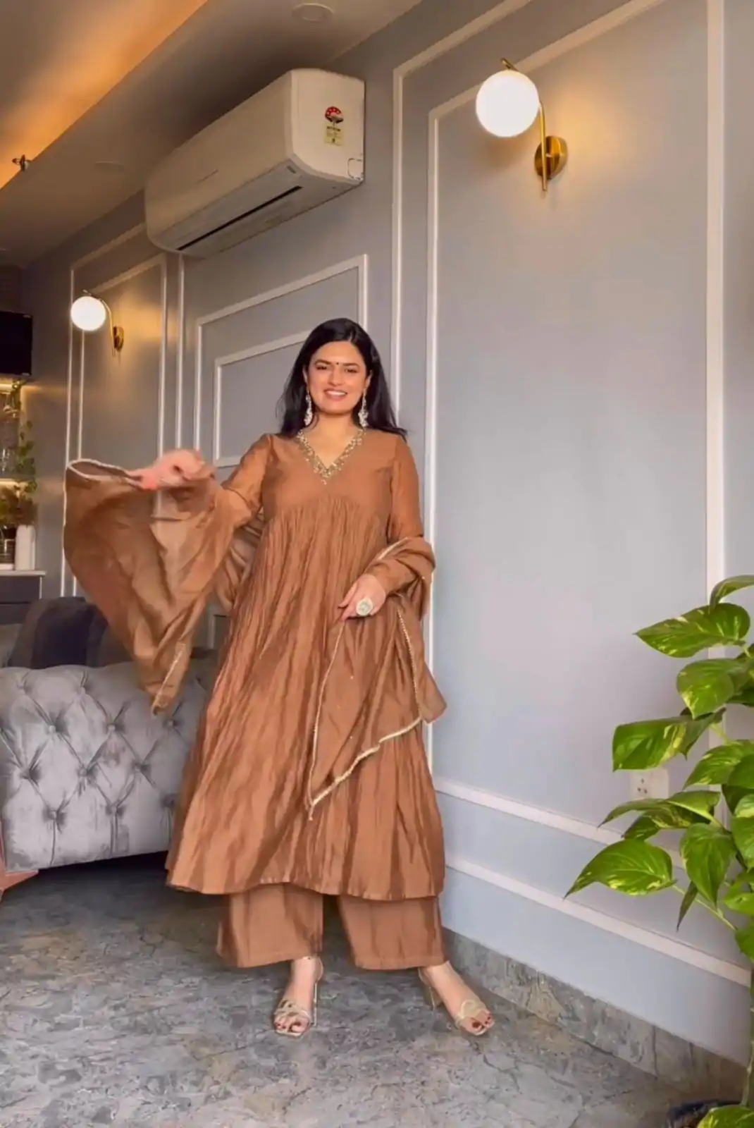 AD 152 Brown  Color Pure Chinon Silk Embroidery Sharara Suit Fancy Full Sleeve Wedding, Party, Festive, Events Etc. Expected Delivery  4-6 Working Days @1799/ | Jump Suits, Salwar suit, Designer Suits, Casual Suits, Creative suits, Palazzo Suits, Party Wear Suits, Patiala Suits, Straight Suits
