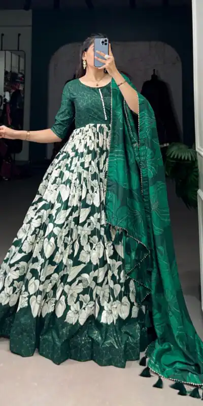 YNF 5037 Green Color Tussar Silk Floral Printed Work Gown Casual, Wedding, Festive, Events, Designer Party Wear, Delivery 4-6 Working Days @2049 | Gowns, Bollywood Gowns, Creative Gowns, Designer Gowns, Embroidered Gowns, Party Wear Gowns