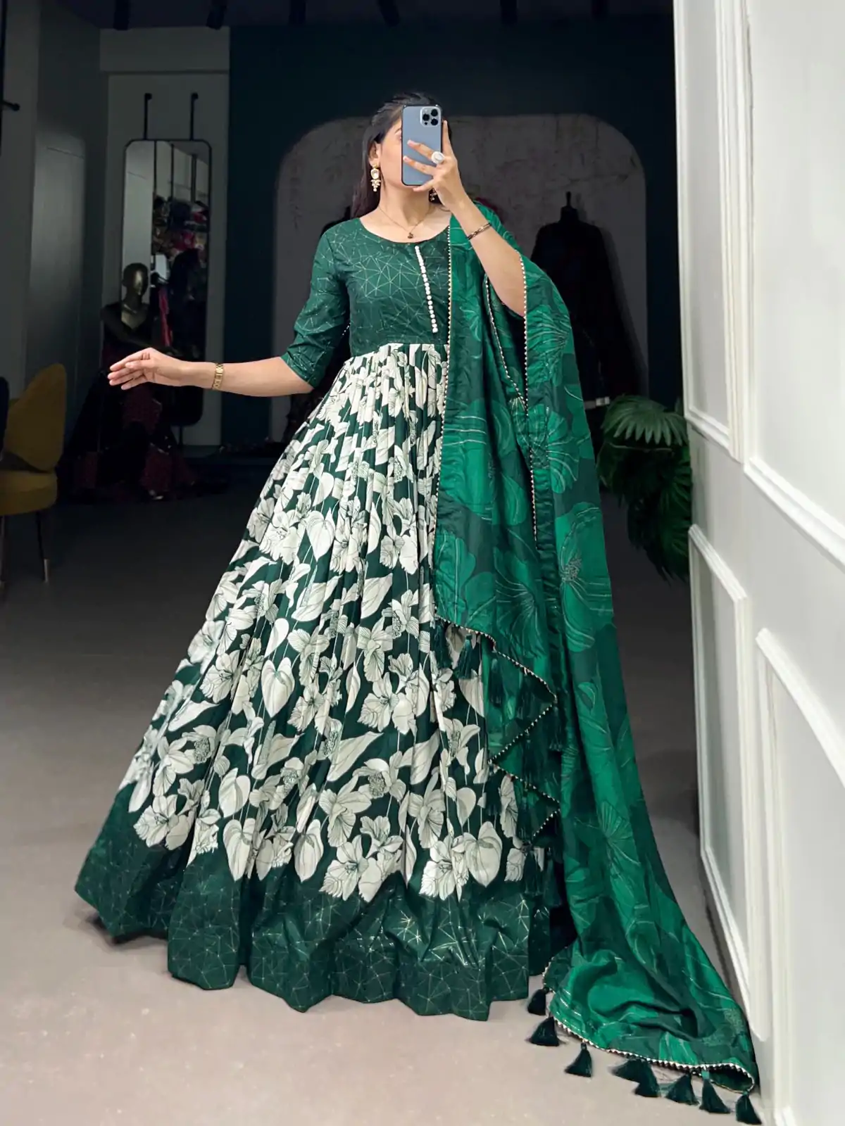 YNF 5037 Green Color Tussar Silk Floral Printed Work Gown Casual, Wedding, Festive, Events, Designer Party Wear, Delivery 4-6 Working Days @2049 | Gowns, Bollywood Gowns, Creative Gowns, Designer Gowns, Embroidered Gowns, Party Wear Gowns