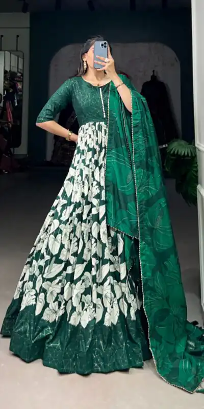 YNF 5037 Green Color Tussar Silk Floral Printed Work Gown Casual, Wedding, Festive, Events, Designer Party Wear, Delivery 4-6 Working Days @2049 | Gowns, Bollywood Gowns, Creative Gowns, Designer Gowns, Embroidered Gowns, Party Wear Gowns