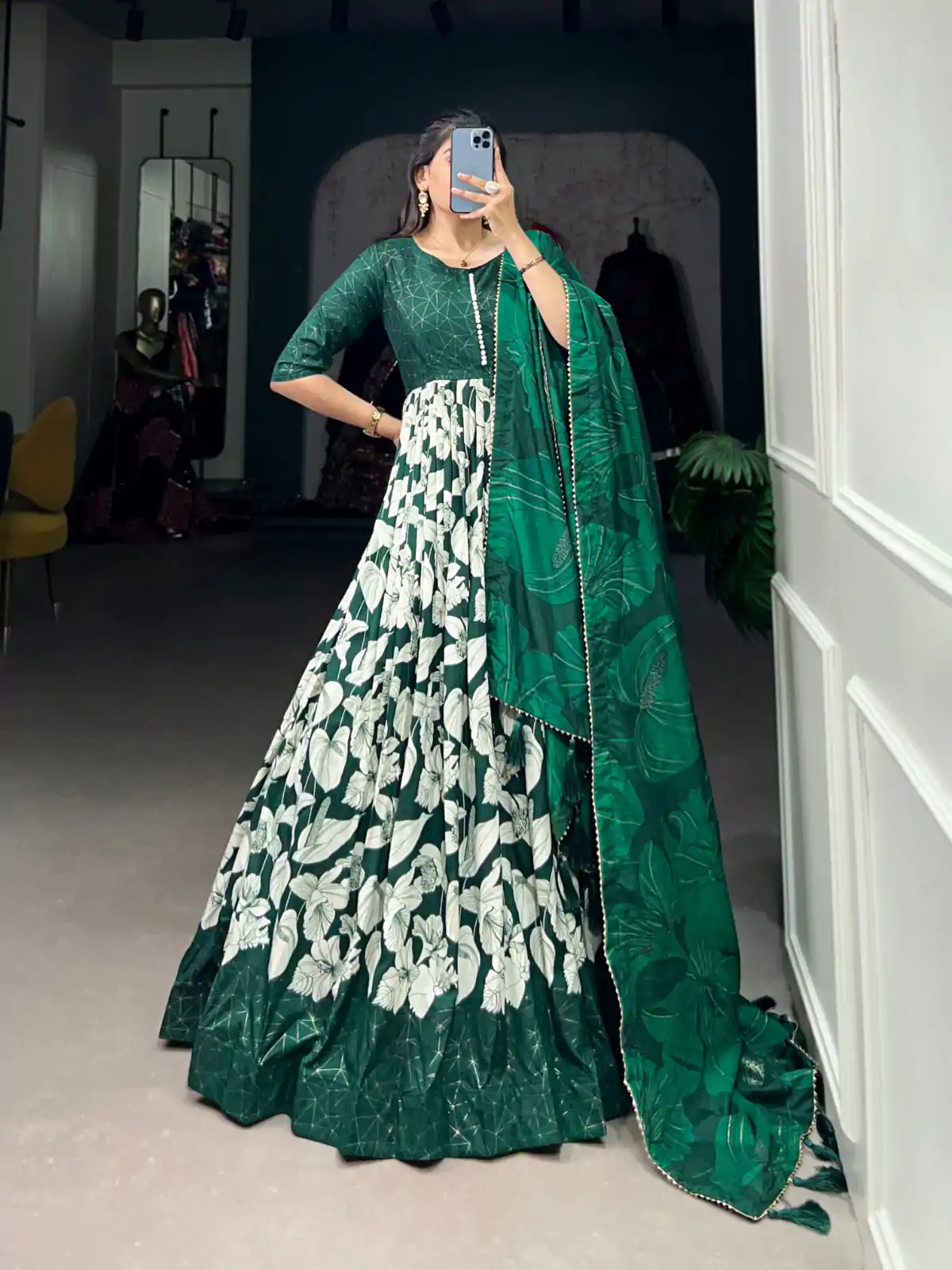 YNF 5037 Green Color Tussar Silk Floral Printed Work Gown Casual, Wedding, Festive, Events, Designer Party Wear, Delivery 4-6 Working Days @2049 | Gowns, Bollywood Gowns, Creative Gowns, Designer Gowns, Embroidered Gowns, Party Wear Gowns