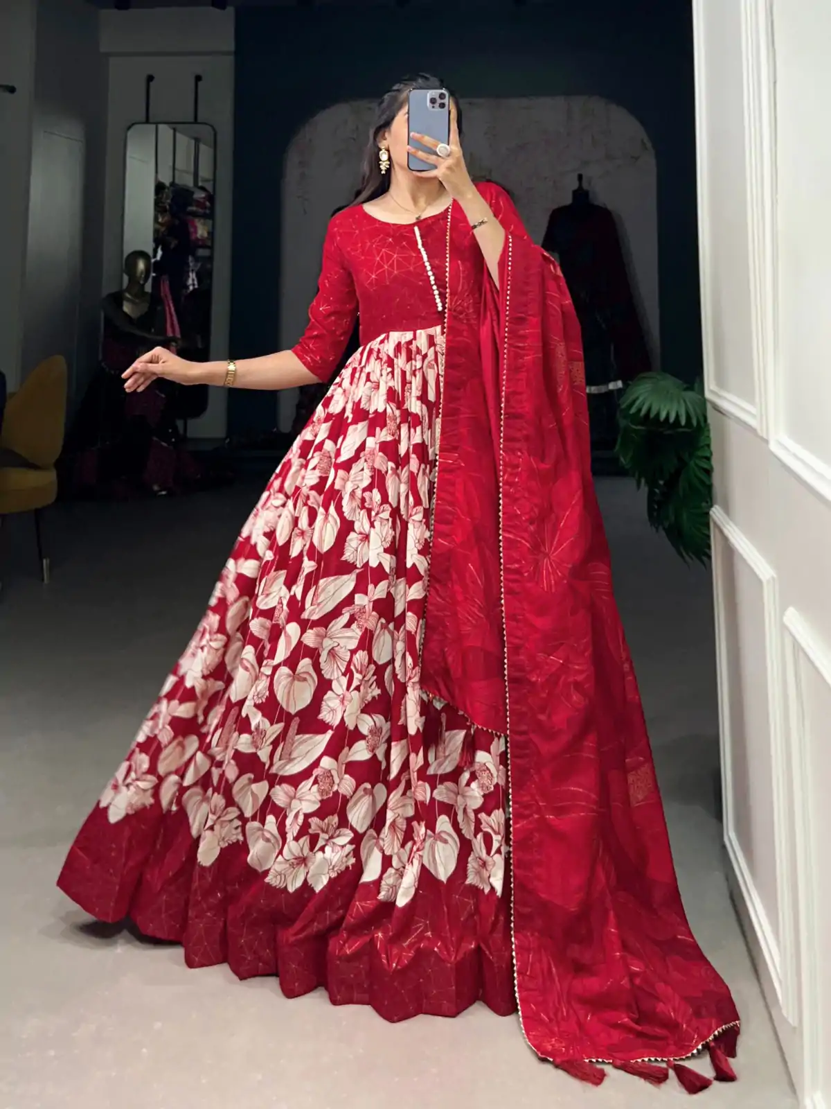 YNF 5037 Red Color Tussar Silk Floral Printed Work Gown Casual, Wedding, Festive, Events, Designer Party Wear, Delivery 4-6 Working Days @2049 | Gowns, Bollywood Gowns, Creative Gowns, Designer Gowns, Embroidered Gowns, Party Wear Gowns