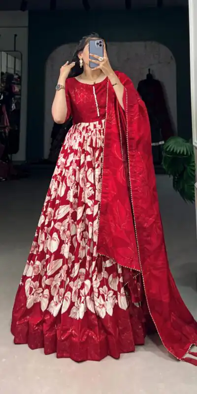 YNF 5037 Red Color Tussar Silk Floral Printed Work Gown Casual, Wedding, Festive, Events, Designer Party Wear, Delivery 4-6 Working Days @2049 | Gowns, Bollywood Gowns, Creative Gowns, Designer Gowns, Embroidered Gowns, Party Wear Gowns
