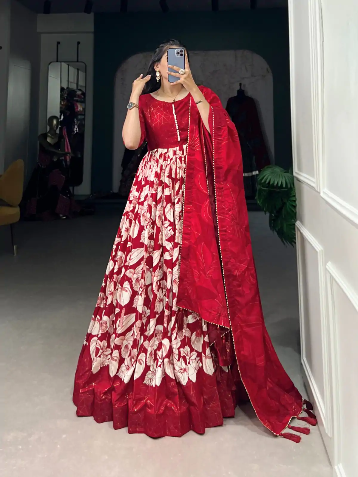 YNF 5037 Red Color Tussar Silk Floral Printed Work Gown Casual, Wedding, Festive, Events, Designer Party Wear, Delivery 4-6 Working Days @2049 | Gowns, Bollywood Gowns, Creative Gowns, Designer Gowns, Embroidered Gowns, Party Wear Gowns