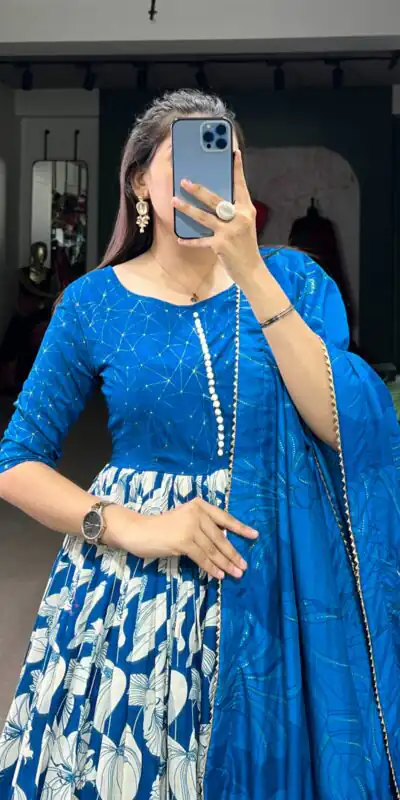 YNF 5037 Royal Blue Color Tussar Silk Floral Printed Work Gown Casual, Wedding, Festive, Events, Designer Party Wear, Delivery 4-6 Working Days @2049 | Gowns, Bollywood Gowns, Creative Gowns, Designer Gowns, Embroidered Gowns, Party Wear Gowns