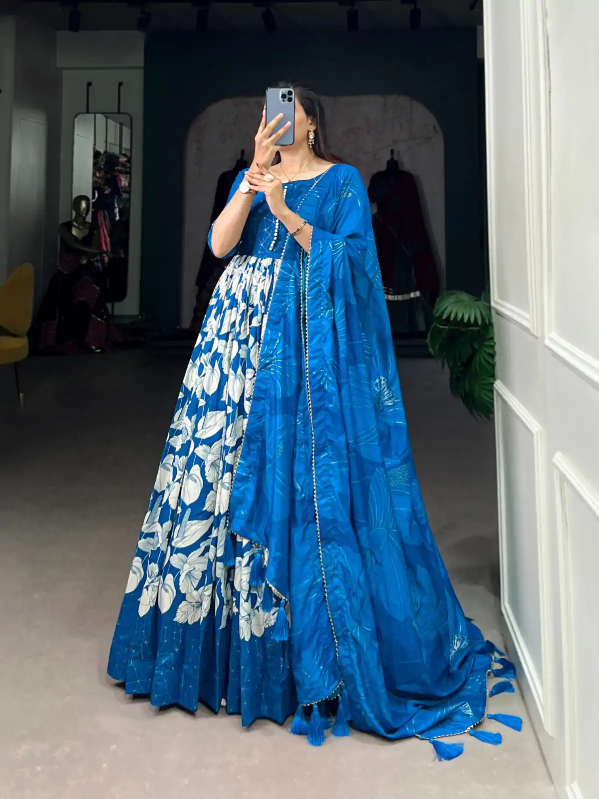 YNF 5037 Royal Blue Color Tussar Silk Floral Printed Work Gown Casual, Wedding, Festive, Events, Designer Party Wear, Delivery 4-6 Working Days @2049 | Gowns, Bollywood Gowns, Creative Gowns, Designer Gowns, Embroidered Gowns, Party Wear Gowns