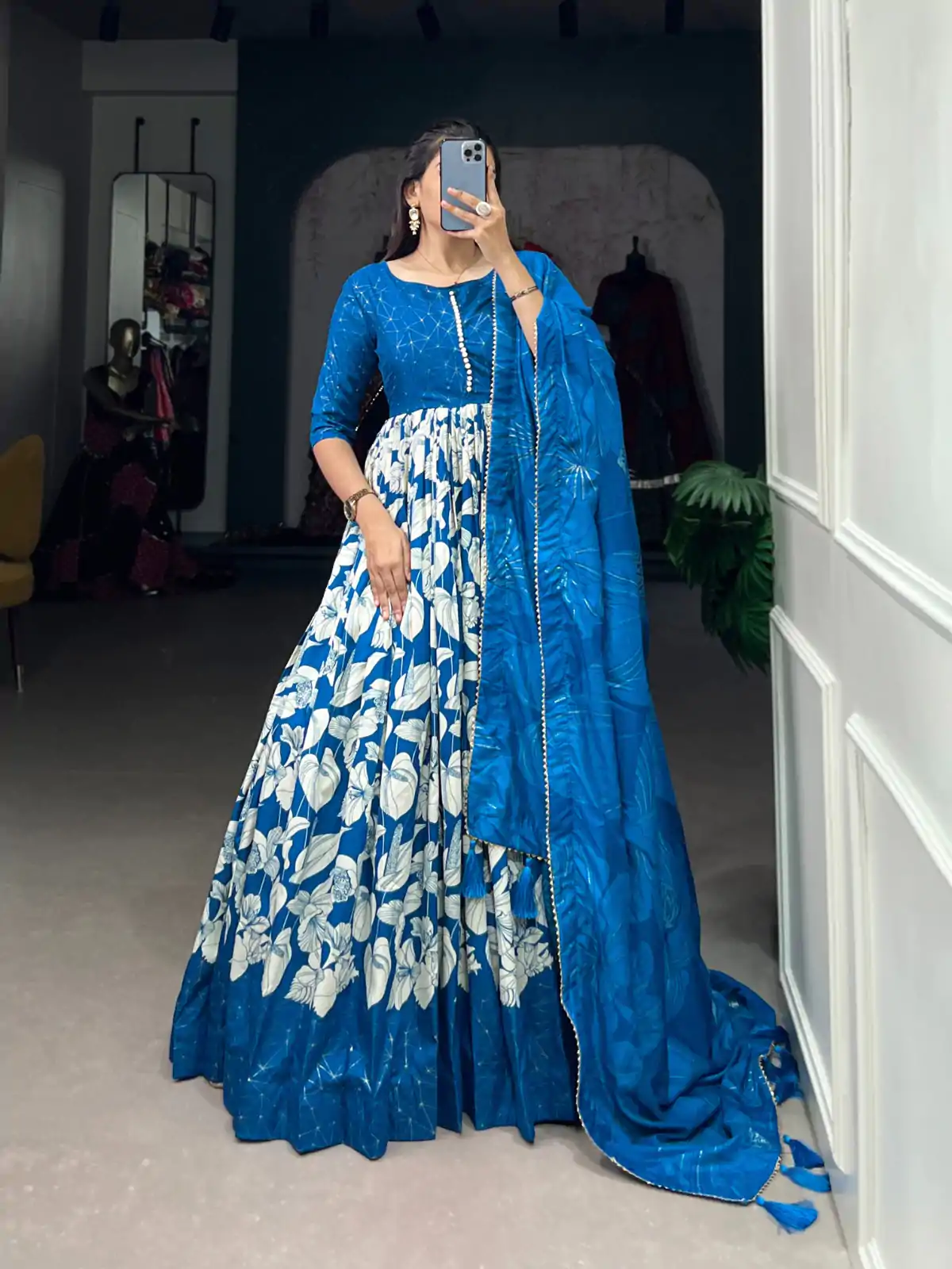 YNF 5037 Royal Blue Color Tussar Silk Floral Printed Work Gown Casual, Wedding, Festive, Events, Designer Party Wear, Delivery 4-6 Working Days @2049 | Gowns, Bollywood Gowns, Creative Gowns, Designer Gowns, Embroidered Gowns, Party Wear Gowns