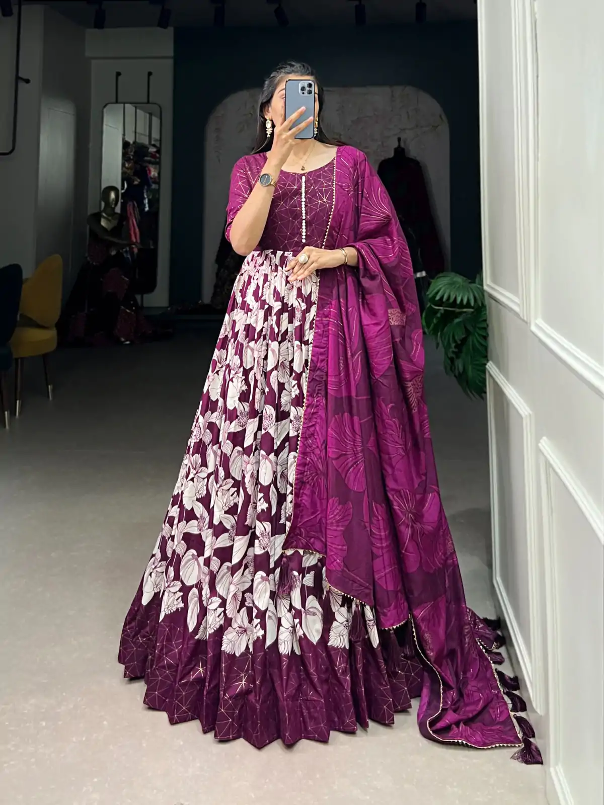 YNF 5037 Wine Color Tussar Silk Floral Printed Work Gown Casual, Wedding, Festive, Events, Designer Party Wear, Delivery 4-6 Working Days @2049 | Gowns, Bollywood Gowns, Creative Gowns, Designer Gowns, Embroidered Gowns, Party Wear Gowns