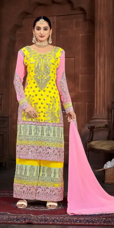 NSR 796 Yellow Color Heavy Georgette Embroidery Salwar Suit Casual, Party Festive, Events Etc. Expected Delivery 4-6 Working Days @2099/ | Jump Suits, Salwar suit, Designer Suits, Casual Suits, Creative suits, Palazzo Suits, Party Wear Suits, Patiala Suits, Straight Suits