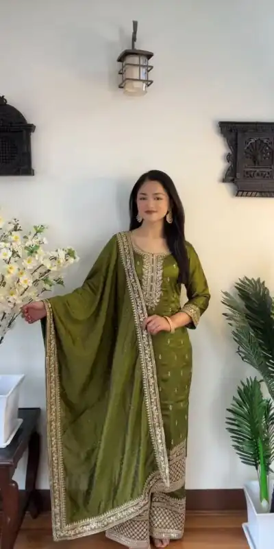 SRK 5140 Green Color Pure Chinnon Silk Embroidery Sequence Salwar Suit Wedding, Party, Festive, Events Expected Delivery 4-6 Working Days @ 1899/- | Jump Suits, Salwar suit, Designer Suits, Casual Suits, Creative suits, Palazzo Suits, Party Wear Suits, Patiala Suits, Straight Suits